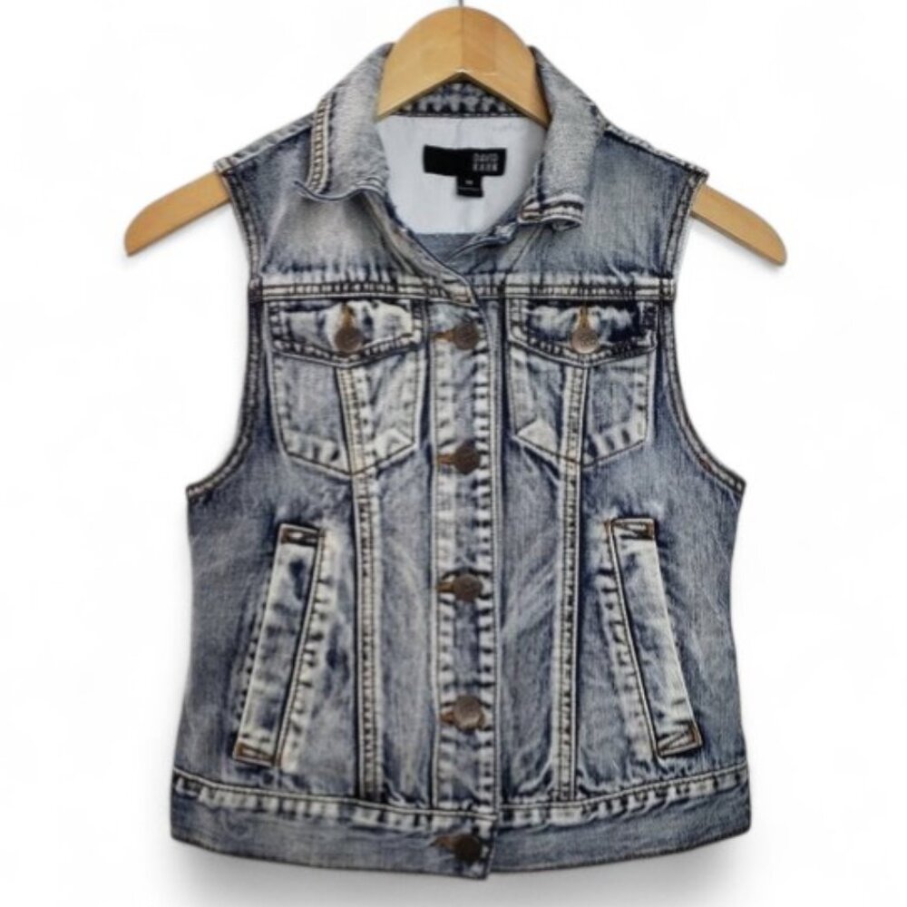David Kahn Bleach Washed Trucker Jean Vest Women's Retro 70s Flap Pocket Biker M